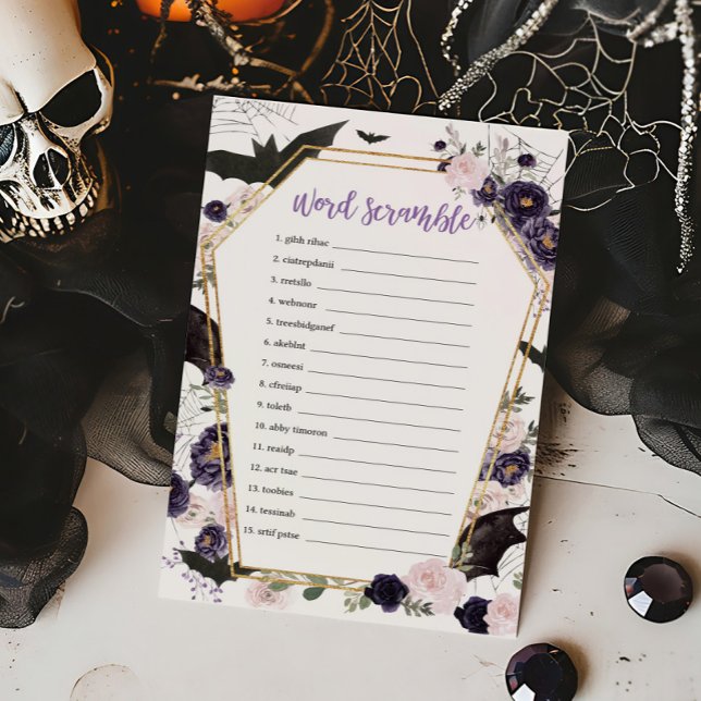 Blumengotik-Coffin Word-Scramble-Spiel (Floral Gothic Coffin Baby Shower Word Scramble Game)