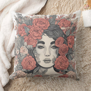 Blumengöttin - Elegante Frau mit Rose Kissen
