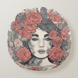 Blumengöttin - Elegante Frau mit Rose Rundes Kissen