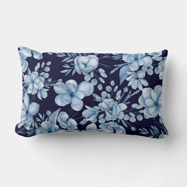 Blumengraues blaues Aquarellmuster auf marineblau Lendenkissen (Vorderseite)