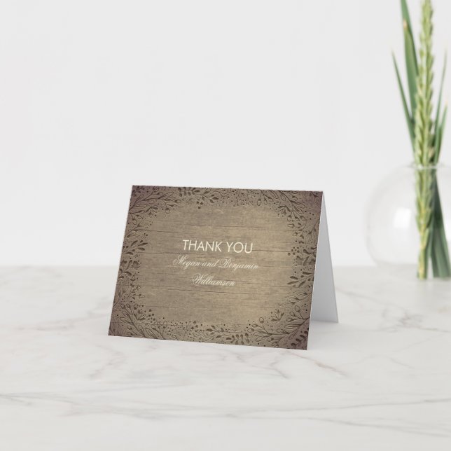 Blumengravur Holz Rustikale Hochzeit Vielen Dank Dankeskarte (Vorderseite)