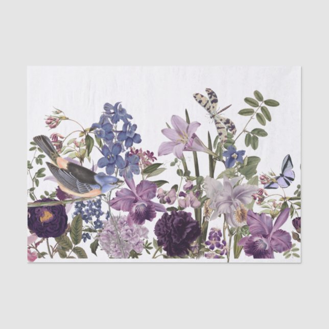 Blumengrenze mit Vogel, Schmetterlinge decoupage Seidenpapier (Vorderseite)