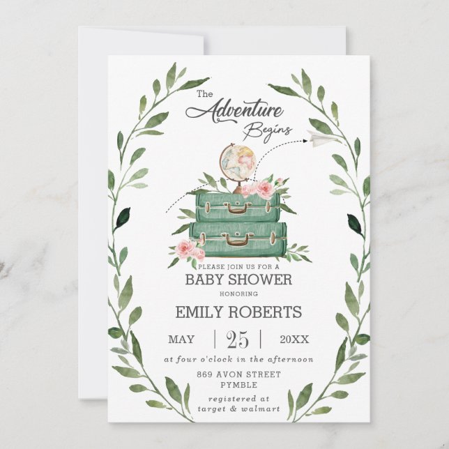 Blumengrün Adventure Baby Shower Travel Einladung (Vorderseite)
