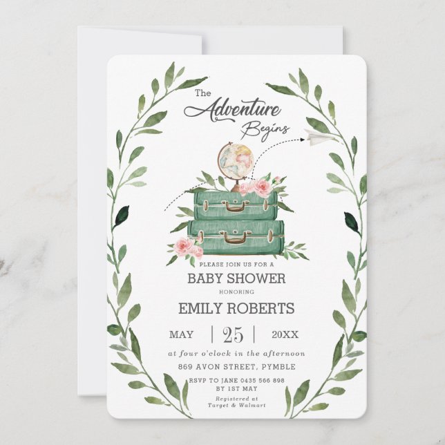 Blumengrün Adventure Baby Shower Travel Einladung (Vorderseite)