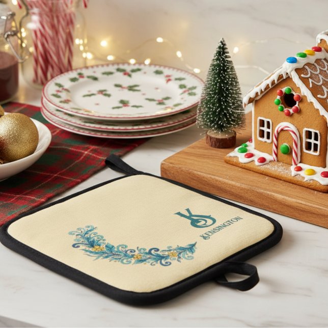 Blumengrün Blau-Gelber Ofen Mitt Topflappen (Personalized oven mitt)