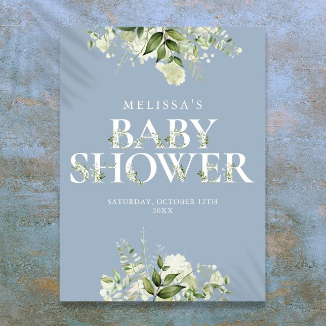 Blumengrün Blumenmuster Babyduschzeichen Poster (Dusty Blue Greenery Floral Baby Shower Sign)