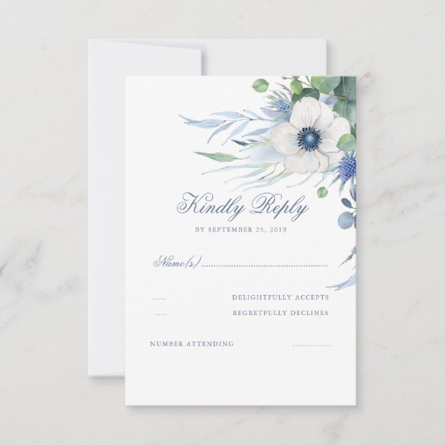 Blumengrün Dusty Blue Wedding RSVP Karte (Vorderseite)
