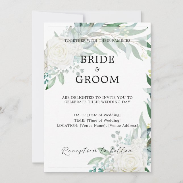 Blumengrün Elegante Hochzeit Einladung (Vorderseite)