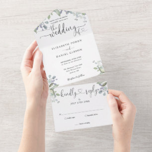Blumengrün Elegante Schrift Herzen Hochzeit All In One Einladung