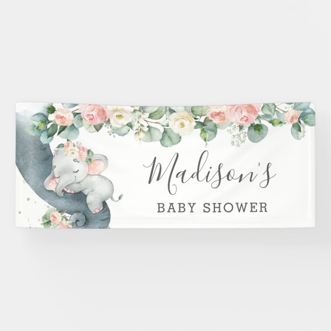 Blumengrün Elephant Baby Shower Girl Willkommen Banner (Horizontal)
