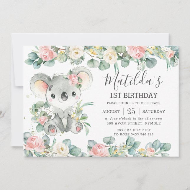 Blumengrün Eucalyptus Niedlich Koala Geburtstag Einladung (Vorderseite)