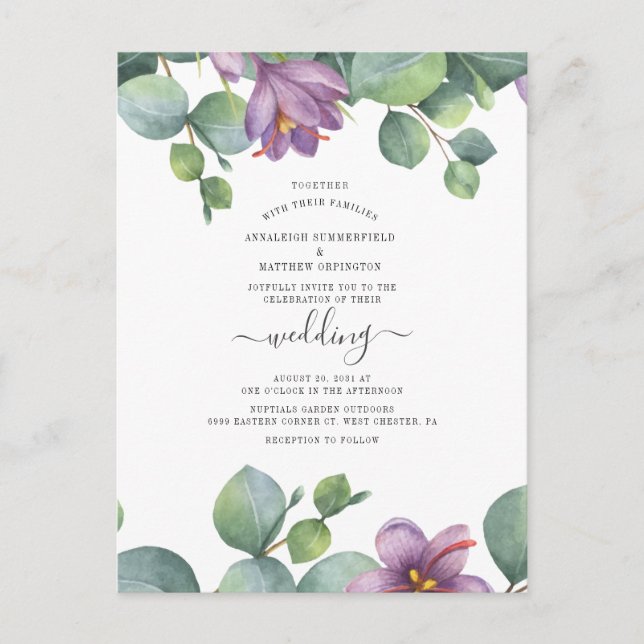 Blumengrün Eukalyptus Watercolor Wedding Einladungspostkarte (Vorderseite)