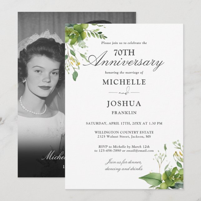 Blumengrün-Foto zum 70. Hochzeitstag Einladung (Vorne/Hinten)
