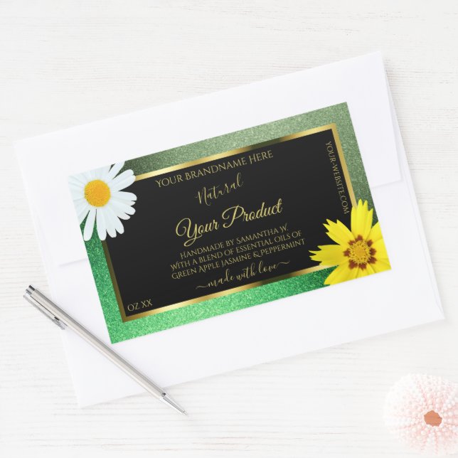 Blumengrün-Glitzer-Schwarz- und Goldmarken Rechteckiger Aufkleber (Umschlag)