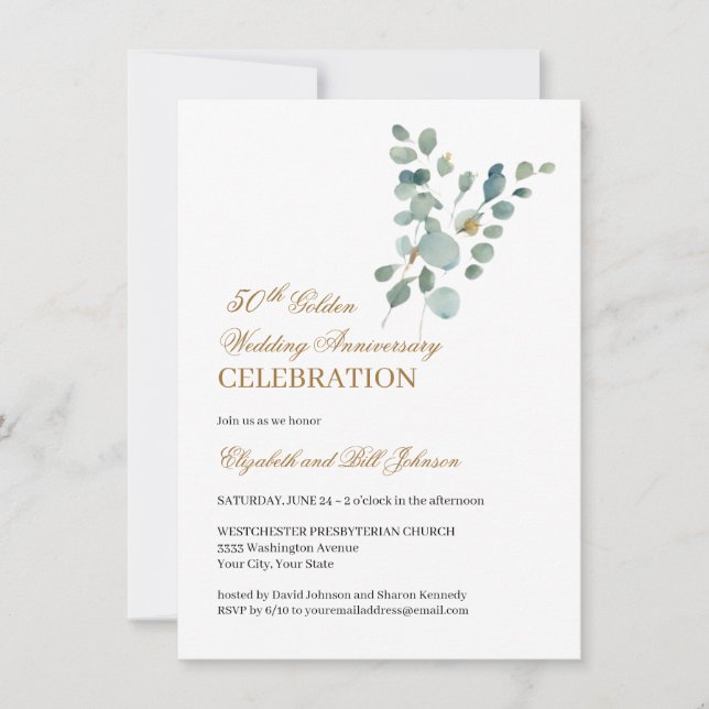 Blumengrün Gold 50. Hochzeitstag Einladung (Vorderseite)