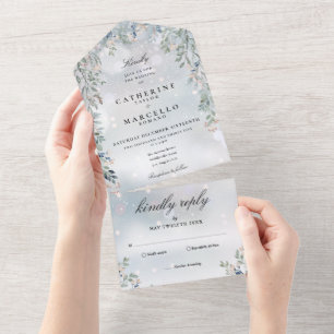 Blumengrün-Kaskade Elegante Winterhochzeit All In One Einladung