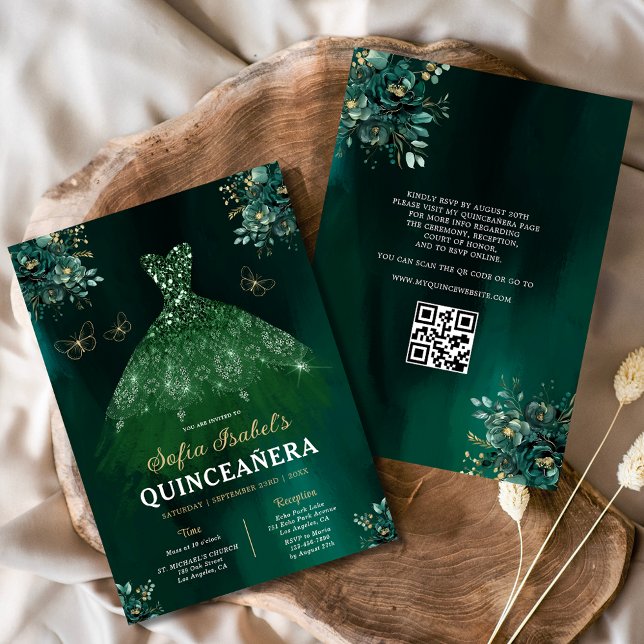 Blumengrün Kleid QR Code Quinceanera Einladung (Von Creator hochgeladen)
