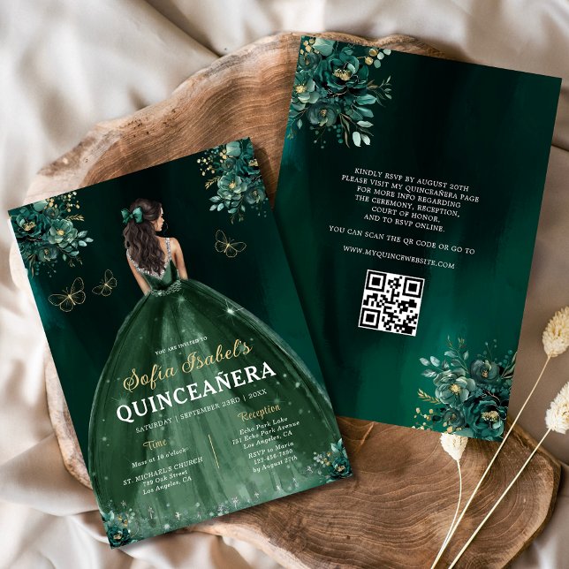 Blumengrün Kleid QR Code Quinceanera Einladung (Von Creator hochgeladen)