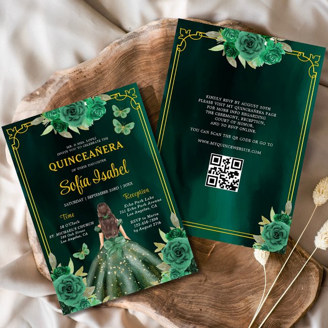 Blumengrün Kleid QR Code Quinceanera Einladung (Von Creator hochgeladen)