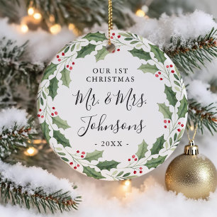 Blumengrün-Kranz Unser erstes Weihnachten Keramik Ornament