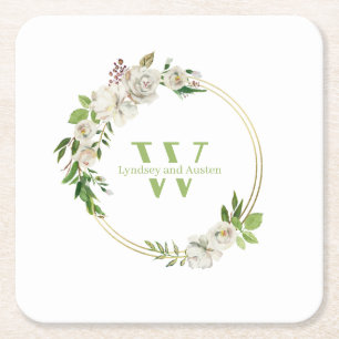 Blumengrün-Monogramm-Hochzeit Rechteckiger Pappuntersetzer