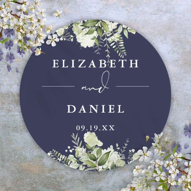 Blumengrün Navy Blue Gastgeschenk Hochzeit Runder Aufkleber (Floral Greenery Navy Blue Wedding Favor Classic Round Sticker)