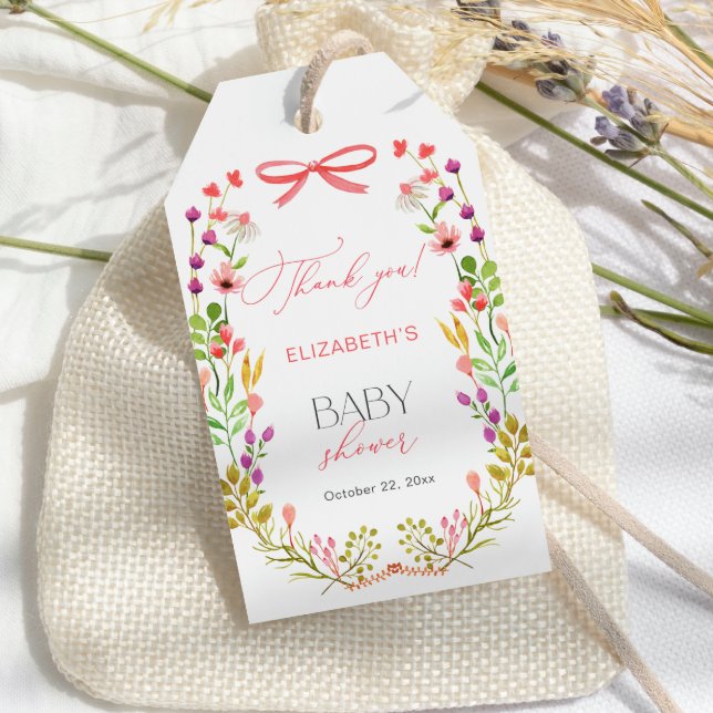 Blumengrün Pink Bow Rustic Baby Dusche Geschenkanhänger (Von Creator hochgeladen)