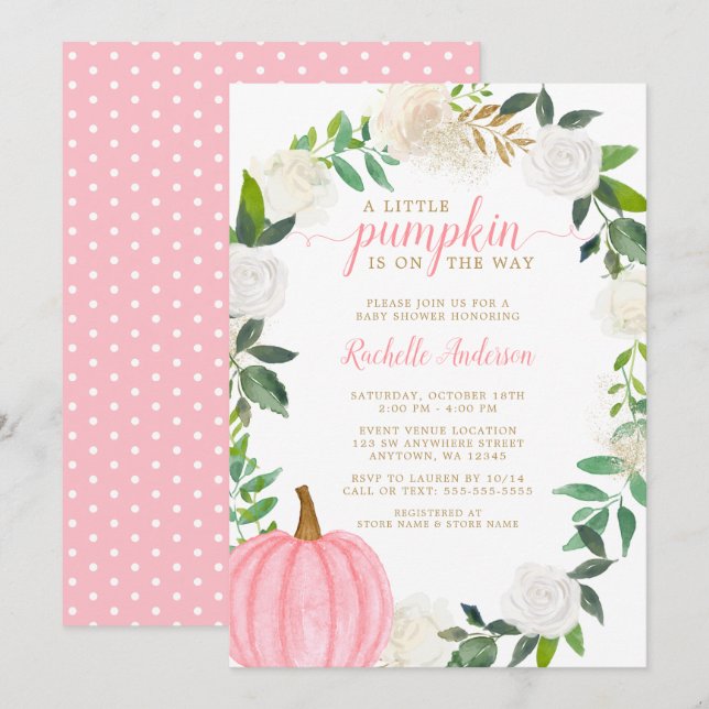 Blumengrün Pink Pumpkin Fall Girl Babydusche Einladung (Vorne/Hinten)