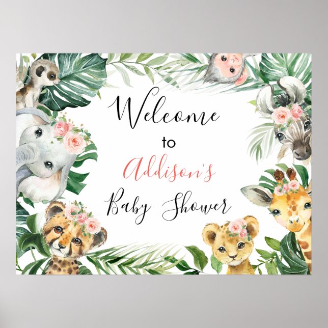 Blumengrün Safari Baby Dusche Begrüßungszeichen Poster (Vorne)