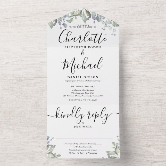 Blumengrün-Script-Monogramm-Hochzeit All In One Einladung (Innen Boden)