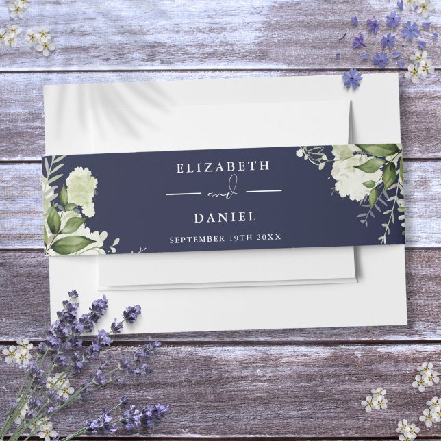 Blumengrün und Blumenzwiebeln Einladungsbanderole (Navy Blue Greenery Floral Wedding Invitation Invitation Belly Band)