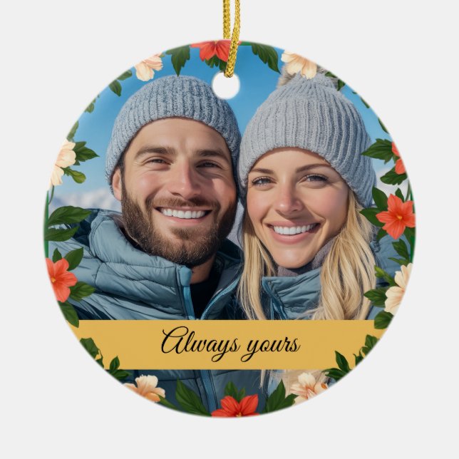 Blumengrün und Gelbe Verlobung Foto Boyfriend Keramik Ornament (Vorne)