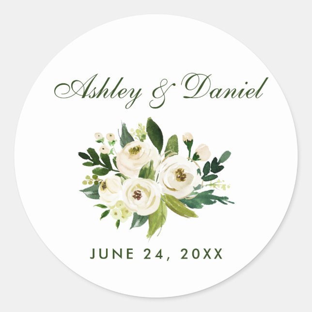 Blumengrün und weiß Hochzeit GS Runder Aufkleber (Vorderseite)