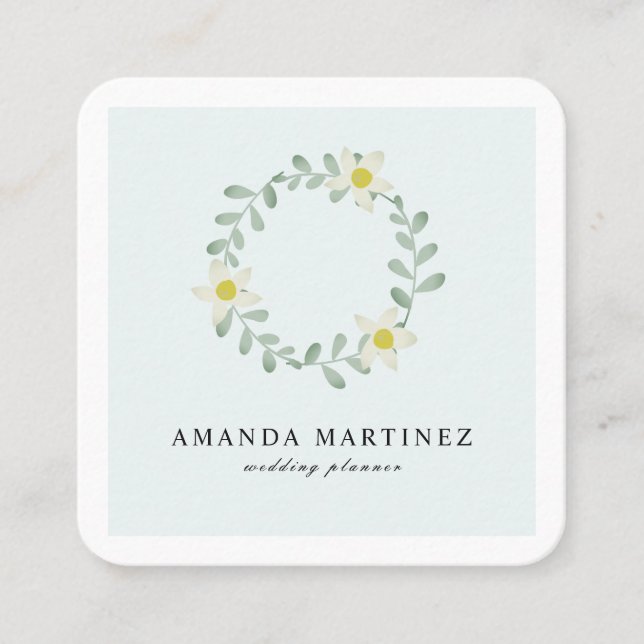 Blumengrün Wreath Blue Square Business Card Quadratische Visitenkarte (Vorderseite)