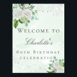 Blumengrün zum Geburtstag, silberner Glitzer Poster<br><div class="desc">Ein modernes,  stilvolles und glamouröses Begrüßungspaket für die 80. Geburtstagsparty (oder jedes Alter) einer Frau. Der grüne Hintergrund ist wasserfarben,  mit Imitaten aus silberfarbenem Glitzer und weißen Blumen und Grünpflanzen. Der Name wird mit einem eleganten,  handgeschriebenen Stilskript geschrieben. Personalisieren und fügen Sie einen Namen und Alter.</div>