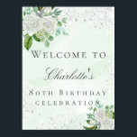 Blumengrün zum Geburtstag, silberner Glitzer Poster<br><div class="desc">Ein modernes,  stilvolles und glamouröses Begrüßungspaket für die 80. Geburtstagsparty (oder jedes Alter) einer Frau. Der grüne Hintergrund ist wasserfarben,  mit Imitaten aus silberfarbenem Glitzer und weißen Blumen und Grünpflanzen. Der Name wird mit einem eleganten,  handgeschriebenen Stilskript geschrieben. Personalisieren und fügen Sie einen Namen und Alter.</div>