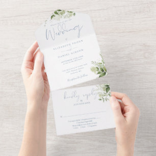 Blumengrünes Staubblaues Monogramm-Hochzeit All In One Einladung