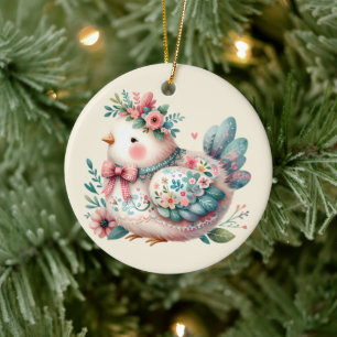 Blumenhafte Vogelfigur mit pastellfarbenem Boho-Ch Keramik Ornament