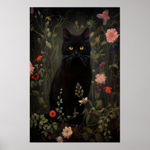 Blumenhaftes Schwarzkatzen-Poster, Blumenkatze Vin Poster