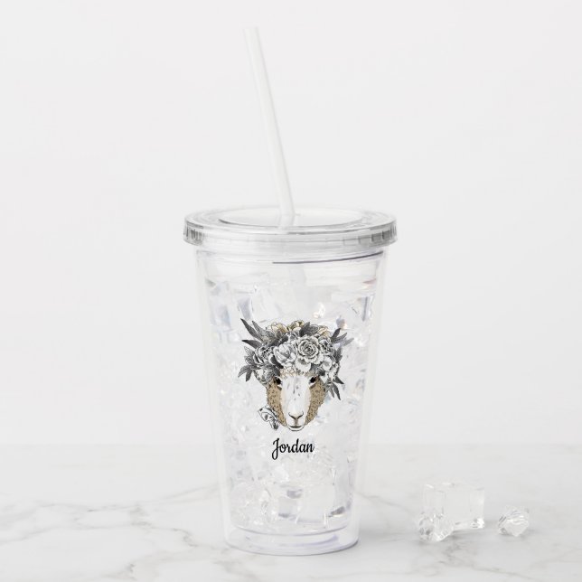 Blumenhalo-Schafe | addieren Ihren Namen Acryltrinkbecher (Vorderseite Ice)