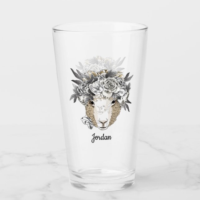Blumenhalo-Schafe | addieren Ihren Namen Glas (Vorderseite)