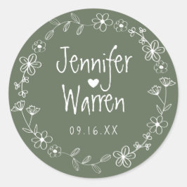Blumenhandgezeichneter Wreath Wedding Green Runder Aufkleber
