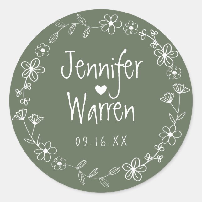 Blumenhandgezeichneter Wreath Wedding Green Runder Aufkleber (Vorderseite)