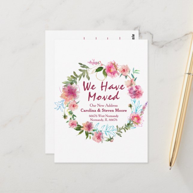 Blumenhandschrift "Wir haben uns bewegt" Postkarte (Vorderseite/Rückseite Beispiel)