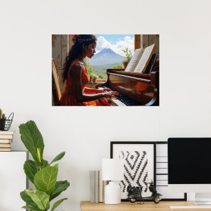 Blumenharmonie - Frau am Piano mit Blick auf die N Poster