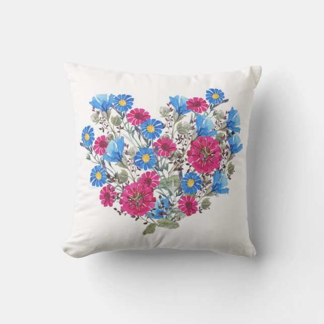 Blumenherz in Aquarellfarben, helle Wildblumen Kissen (Vorderseite)