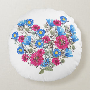 Blumenherz in Aquarellfarben, helle Wildblumen Rundes Kissen