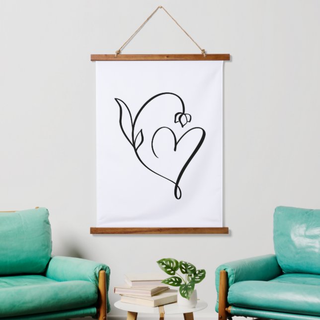 Blumenherz - Minimalistische Linie Art Wandteppich Mit Holzrahmen (Wohnzimmer)