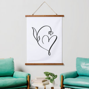 Blumenherz – Minimalistische Linienkunst Wandteppich Mit Holzrahmen