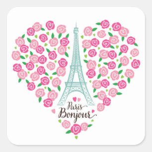 Blumenherz Paris Bonjour   Quadratischer Aufkleber